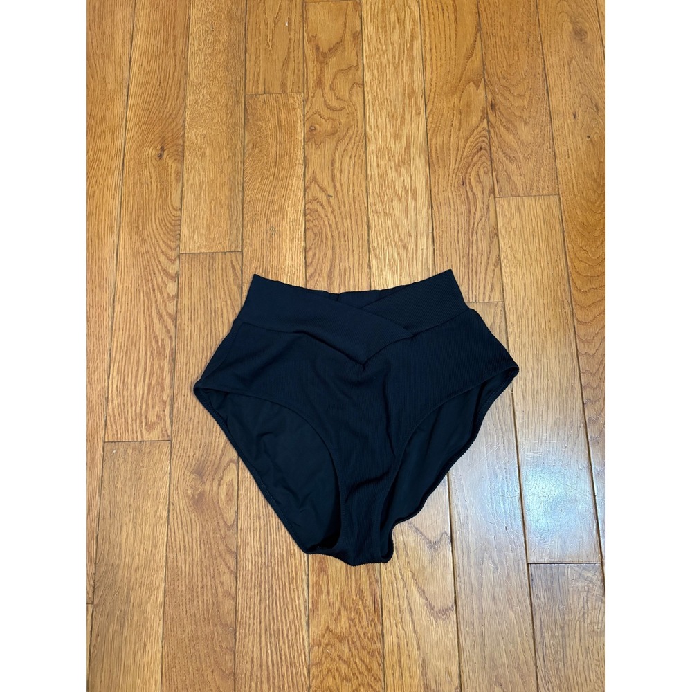 Aerie Real Good Black Ribbed High Waisted Crossover Bikini Bottoms Size Medium